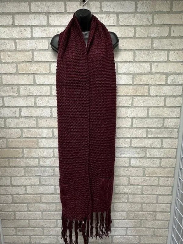 Scarf - Knitted Fringed Pockets - Burgandy