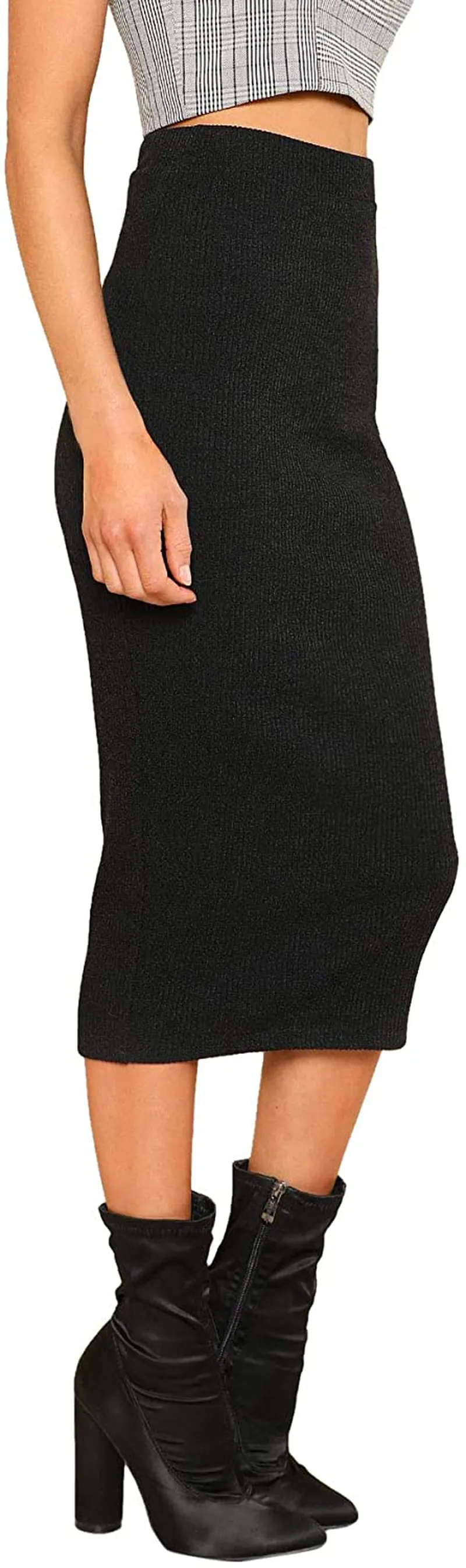 SheIn Women's Elegant Plain Stretchy Ribbed Knit Midi Full Length Basic Pencil Skirt