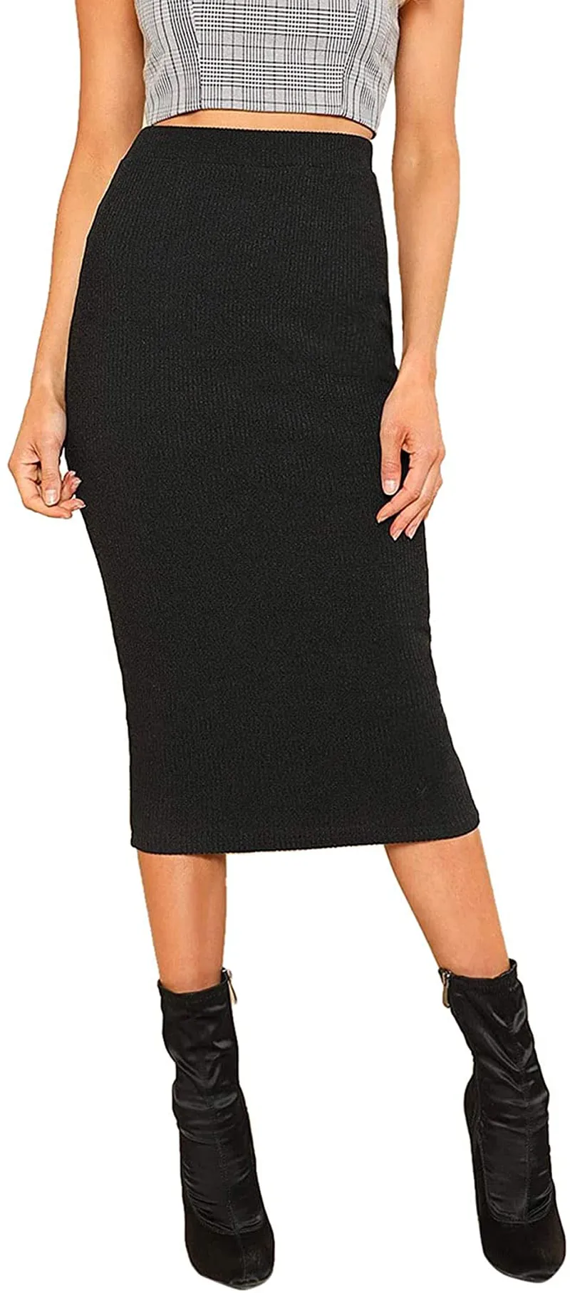 SheIn Women's Elegant Plain Stretchy Ribbed Knit Midi Full Length Basic Pencil Skirt