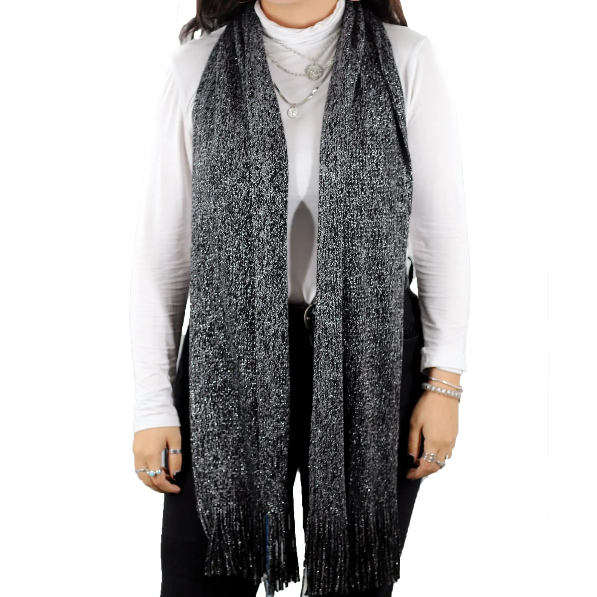 Solid Lurex Knit Scarf With Fringe-Black