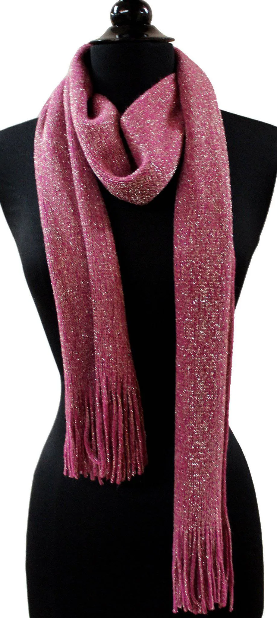 Solid Lurex Knit Scarf With Fringe-Pink