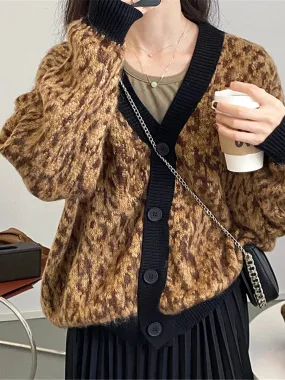 Spring Leopard Patchwork Cardigan Single Breasted Oversized Jacket Loose Warm Knitted Cardigan for Women C-047