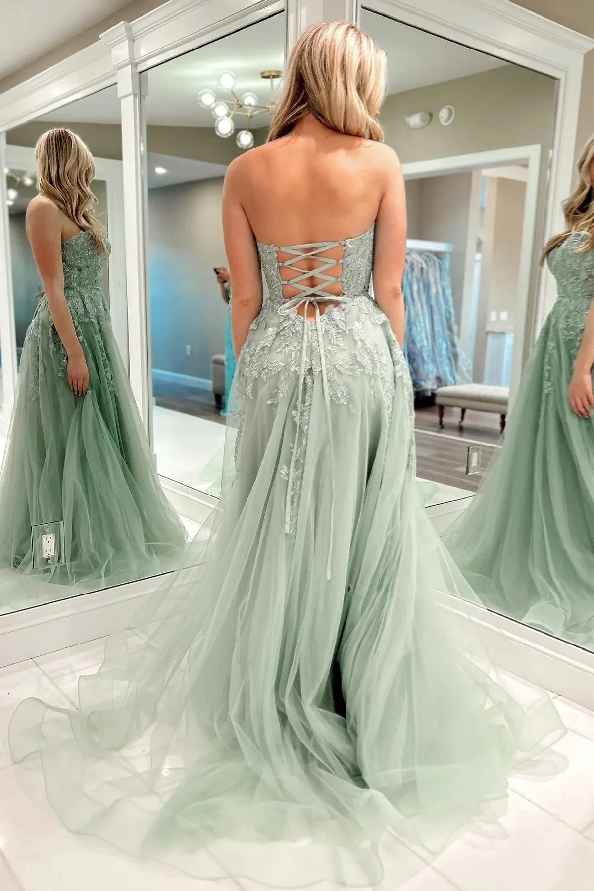 Strapless Sage Lace Long Prom Dress with High Slit, Sage Lace Formal Dress, Sage Evening Dress A1968