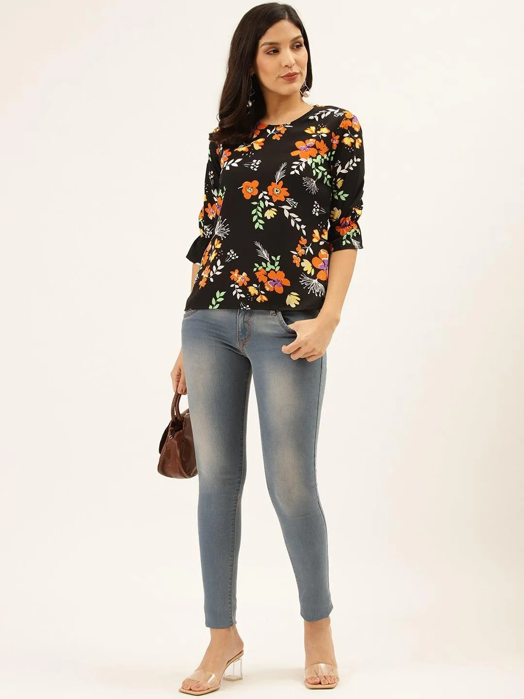 Style Quotient Women Black And Multi Floral Printed Polyester Smart Casual Top