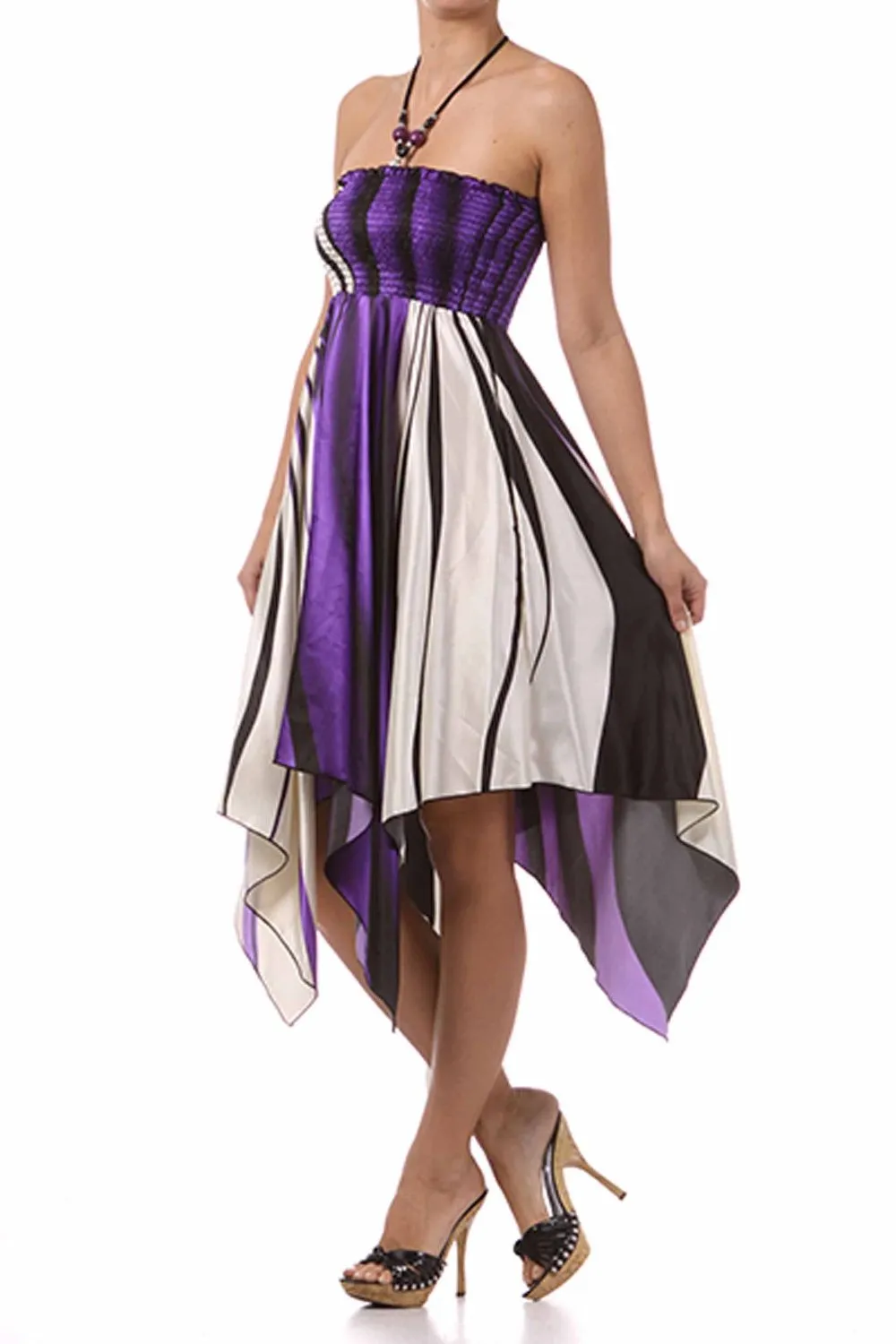 Swirl Design Satin Feel Beaded Halter Smocked Bodice Handkerchief Hem Dress