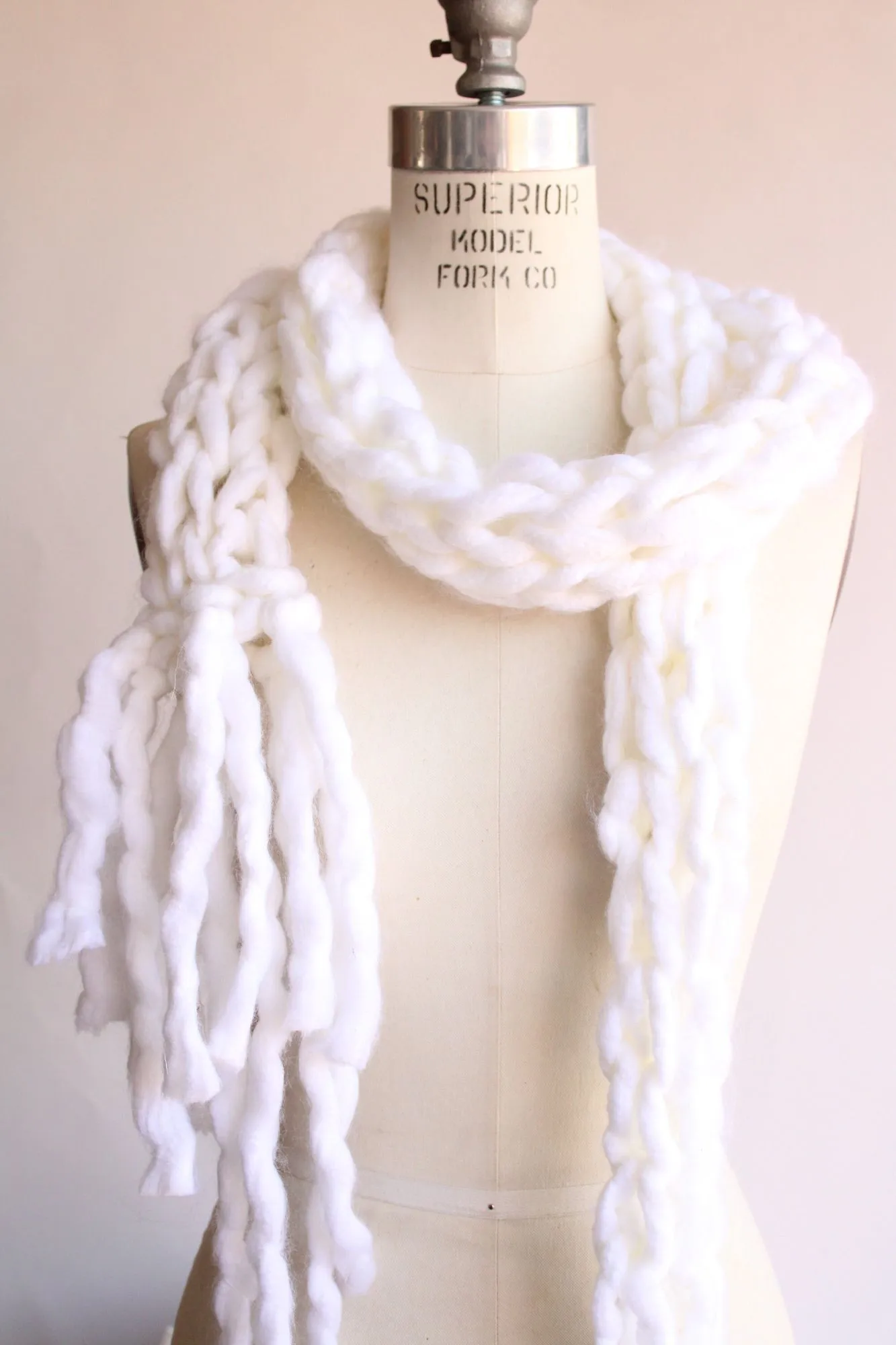 The Ghost Extra Long Knit Scarf In Chunky White Yarn with Fringe