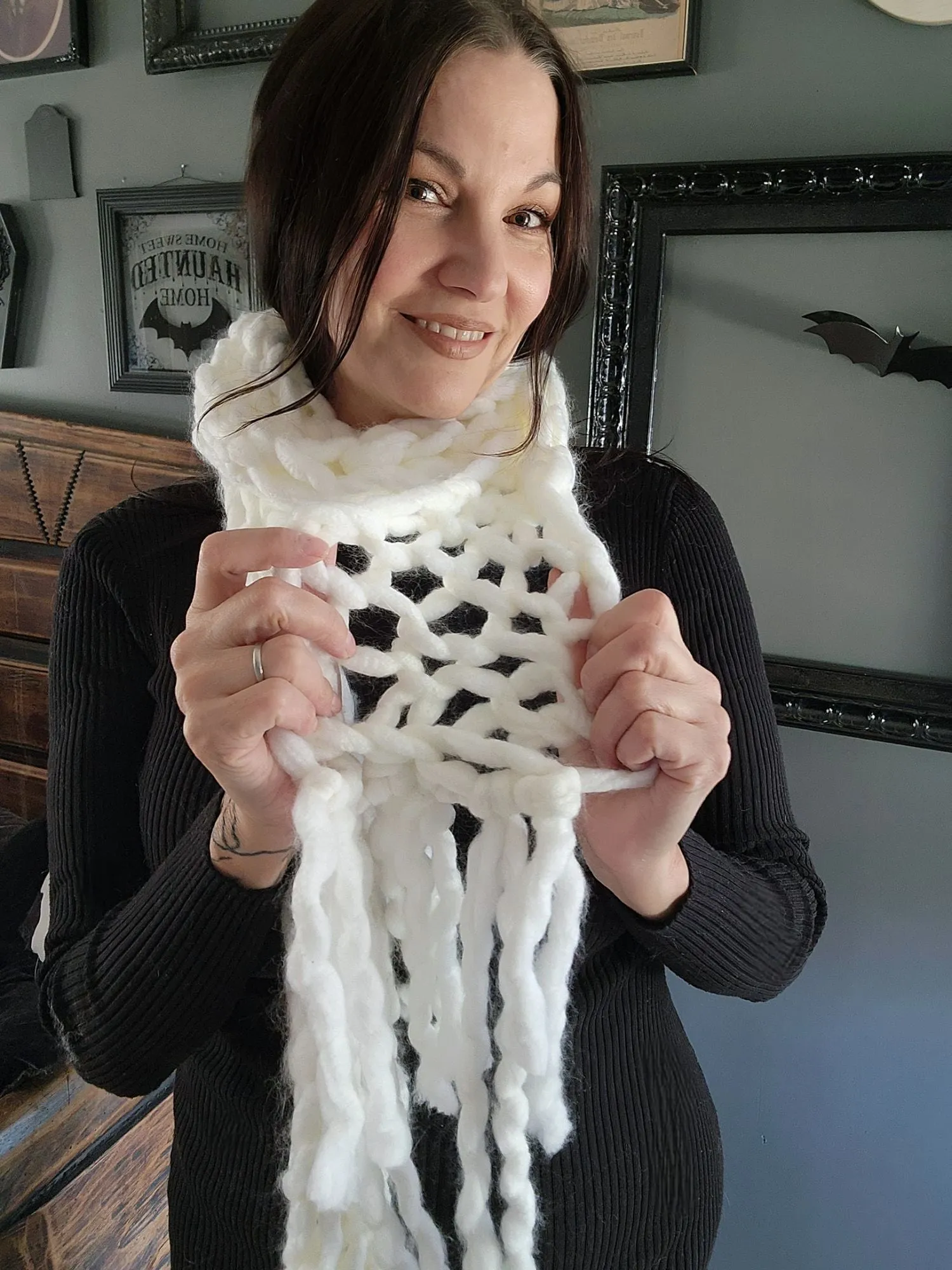 The Ghost Extra Long Knit Scarf In Chunky White Yarn with Fringe