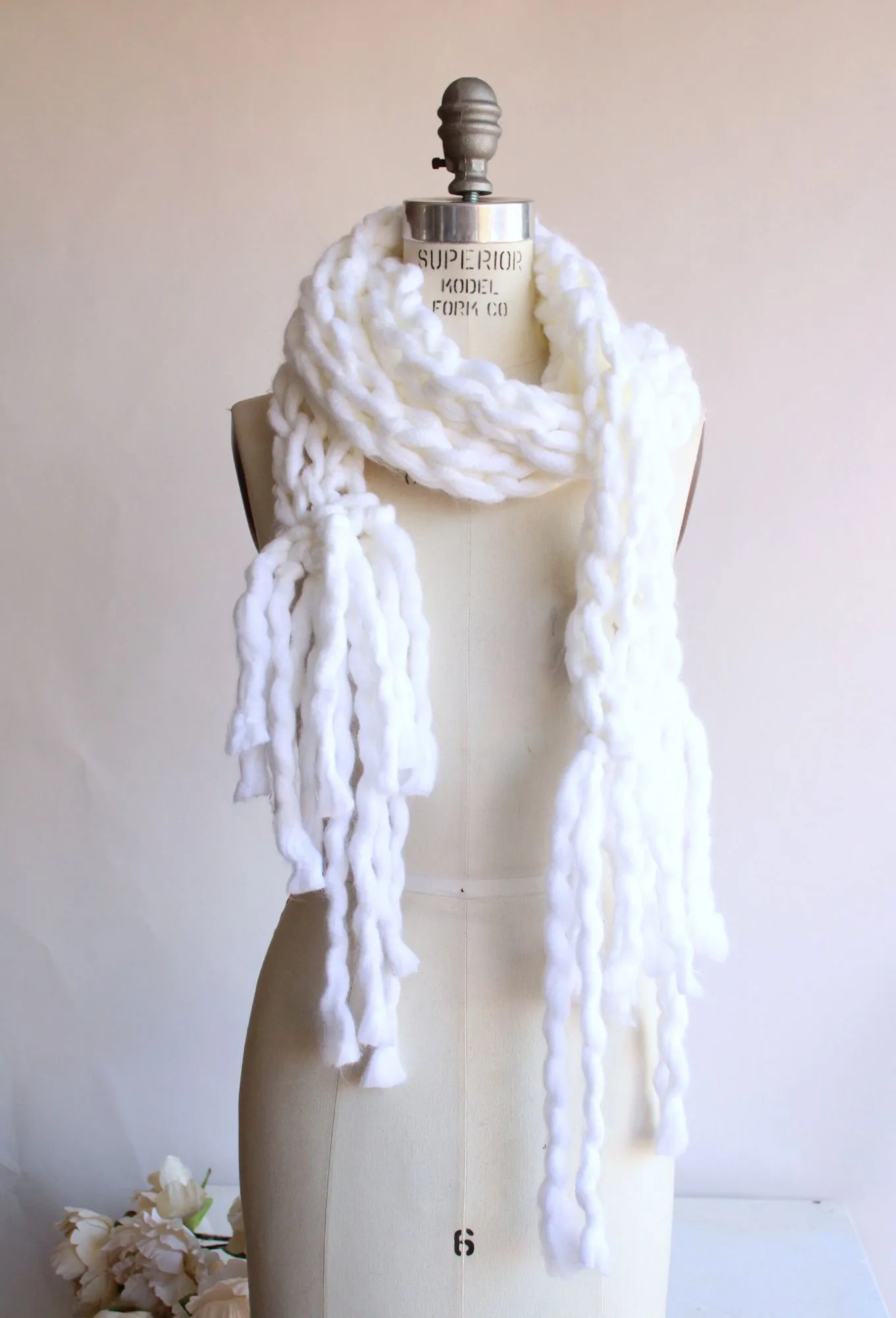 The Ghost Extra Long Knit Scarf In Chunky White Yarn with Fringe