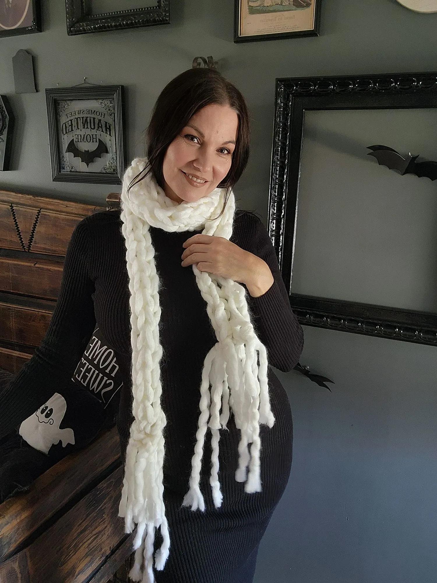 The Ghost Extra Long Knit Scarf In Chunky White Yarn with Fringe