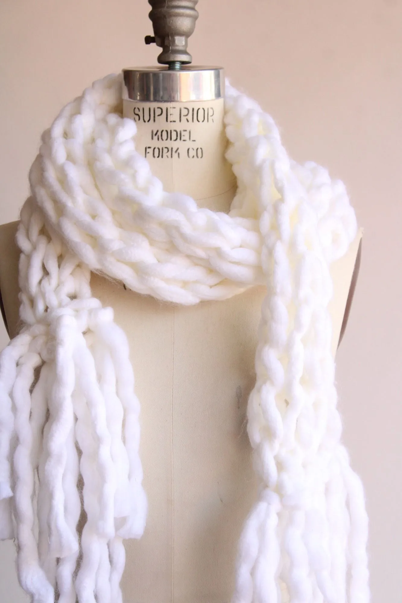 The Ghost Extra Long Knit Scarf In Chunky White Yarn with Fringe