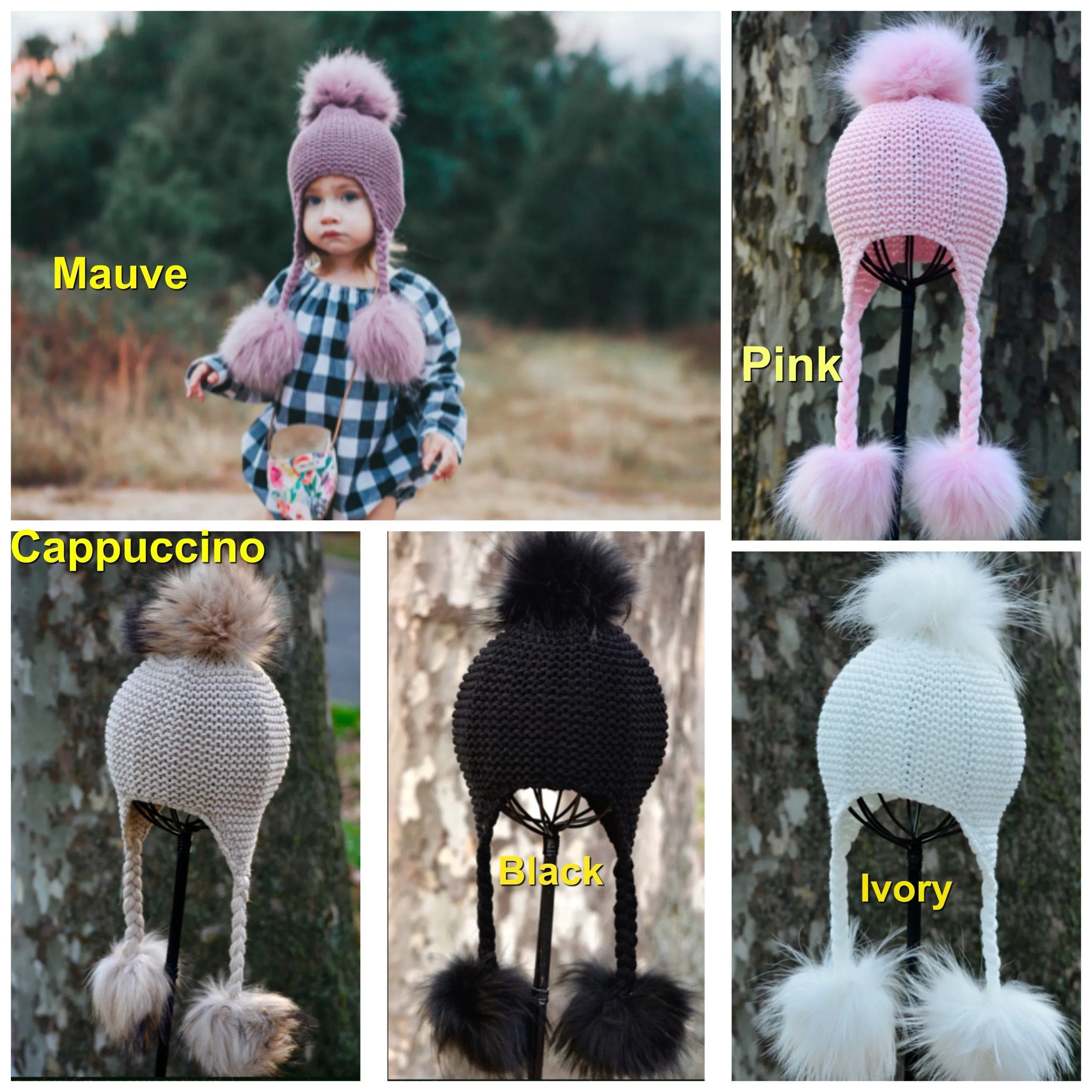 Toddlers to Kids Size Triple Fur Pom Knit Braids Hat-  5 Color Choices