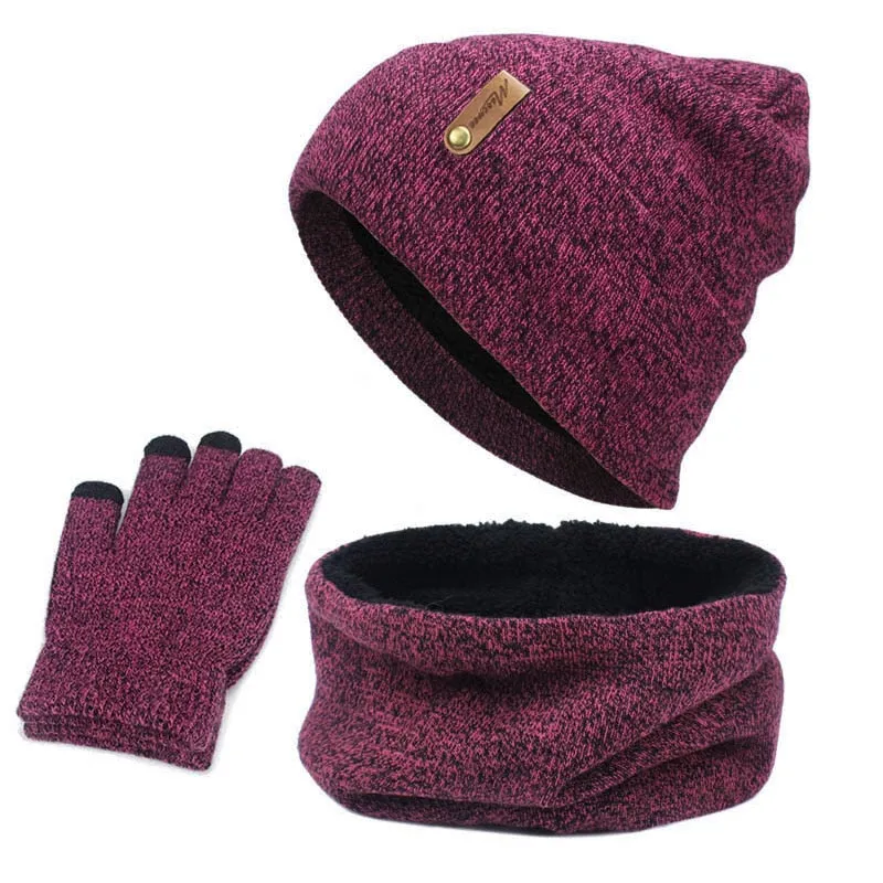 Unisex Beanies Hat Ring Scarf Gloves Set Winter Knitted Thick Warm Cap Women Men Solid Retro Beanie Hat Soft Touch Screen Gloves