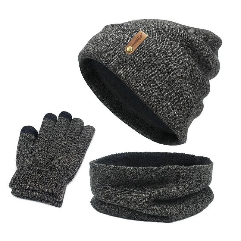 Unisex Beanies Hat Ring Scarf Gloves Set Winter Knitted Thick Warm Cap Women Men Solid Retro Beanie Hat Soft Touch Screen Gloves