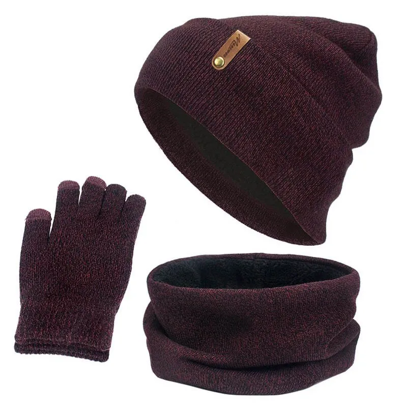 Unisex Beanies Hat Ring Scarf Gloves Set Winter Knitted Thick Warm Cap Women Men Solid Retro Beanie Hat Soft Touch Screen Gloves