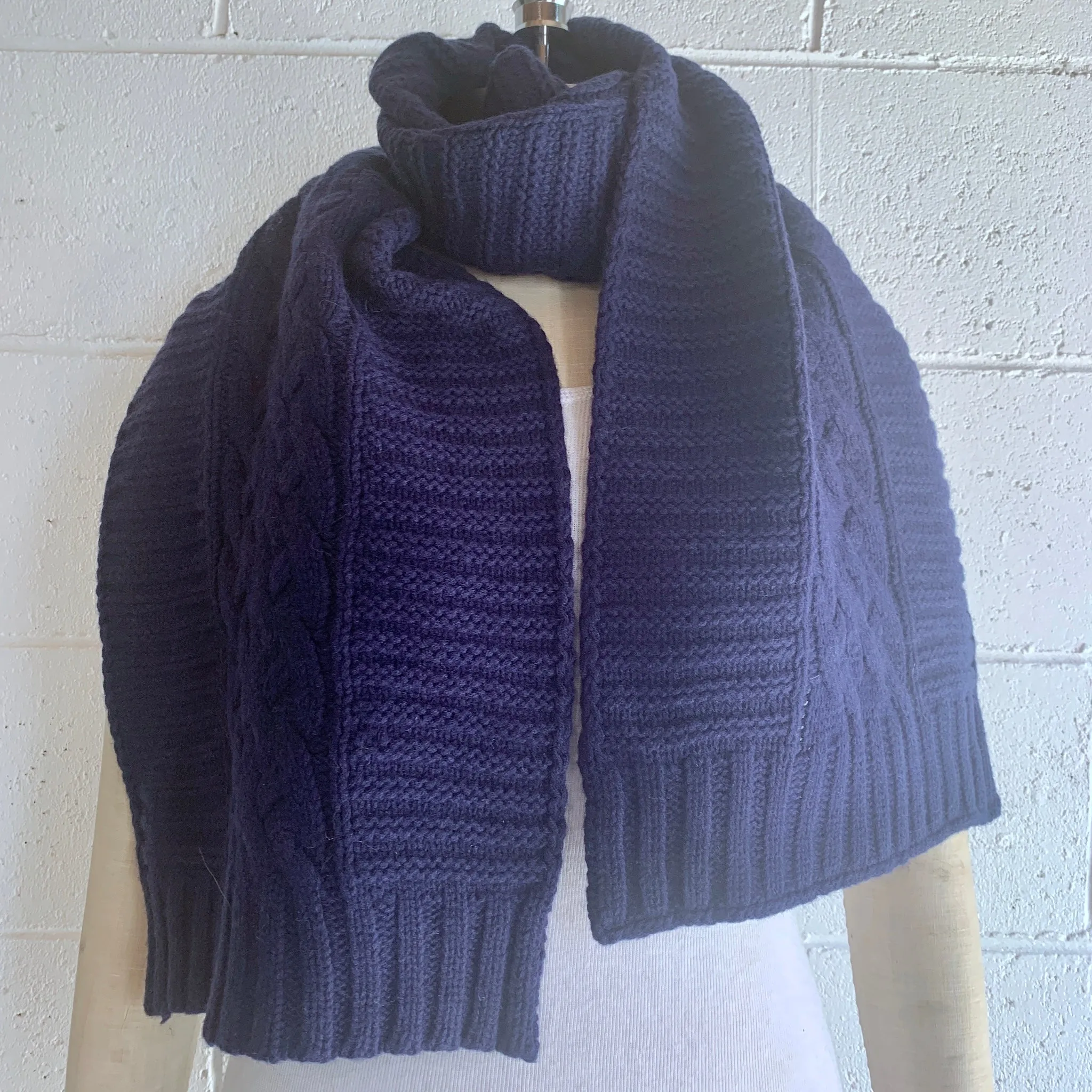 UP for ANYTHING!  100% Pure Merino Wool Jumbo Cable & Fancy Rib Knit Scarf, Dark Denim Blue