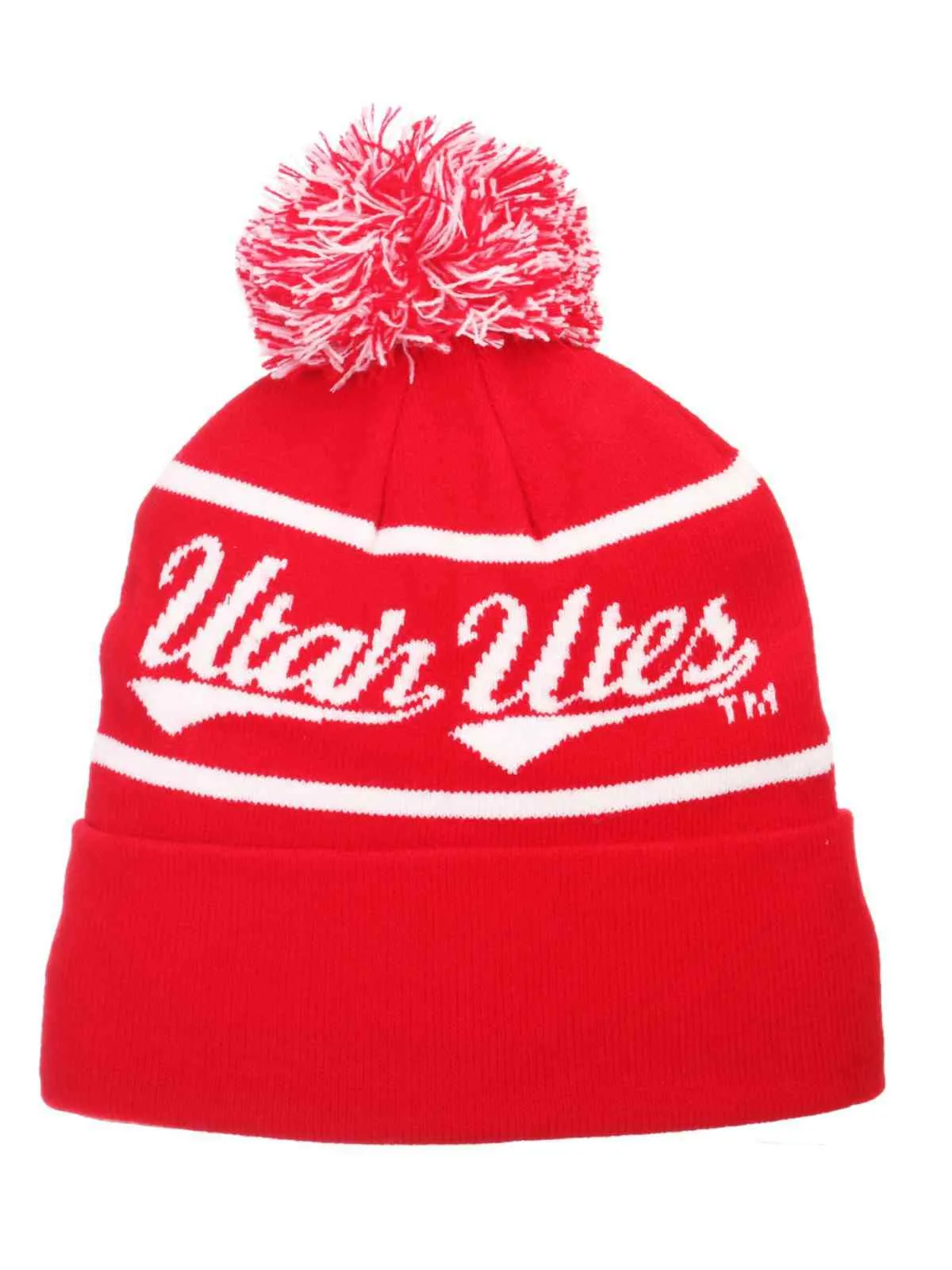 Utah Utes Zephyr Bandit Knit Red White Cuffed Poof Ball Beanie Cap Hat