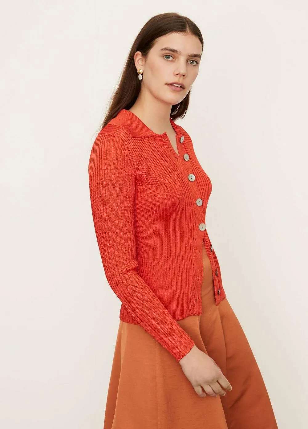 Vince - Ribbed Collared Cardigan in Burnt Orchid