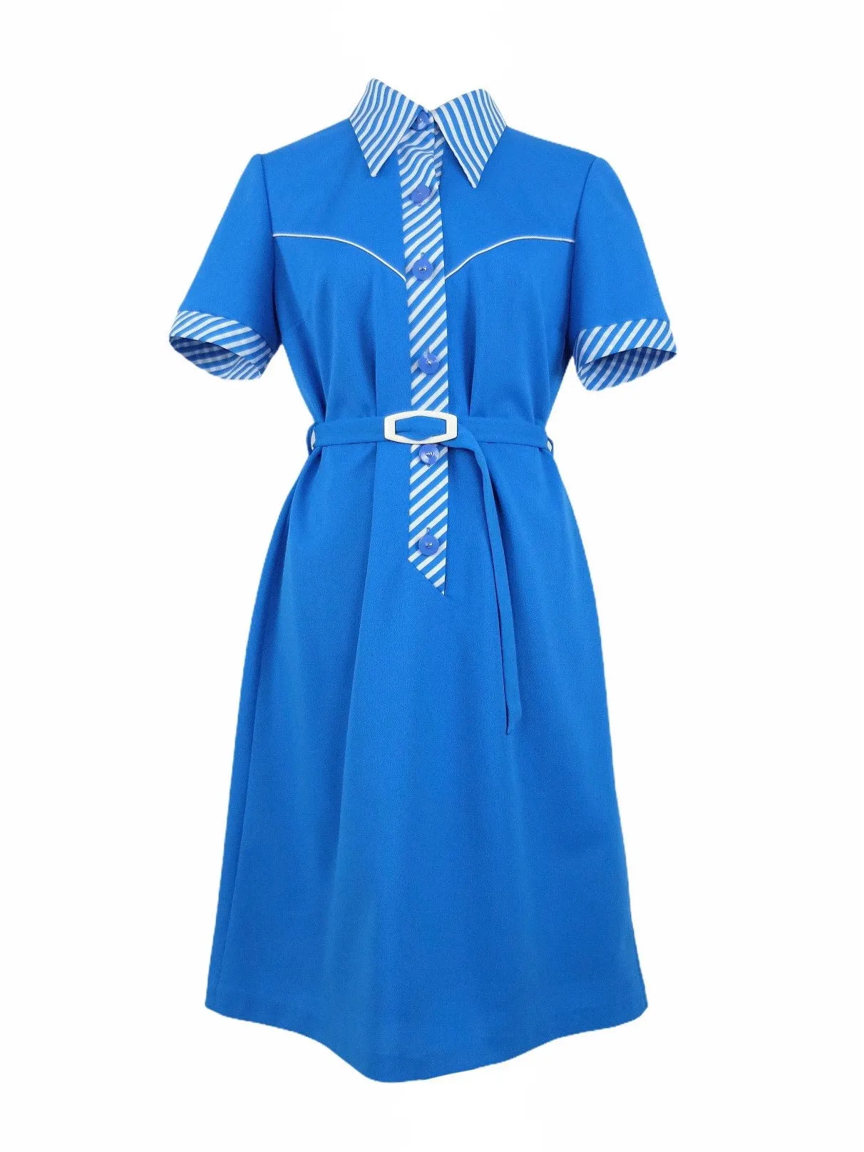 Vintage 60s Mod Psychedelic Gogo Bright Blue Pointed Dagger Collar Half Sleeve Full Circle Belted Shift Midi Dress