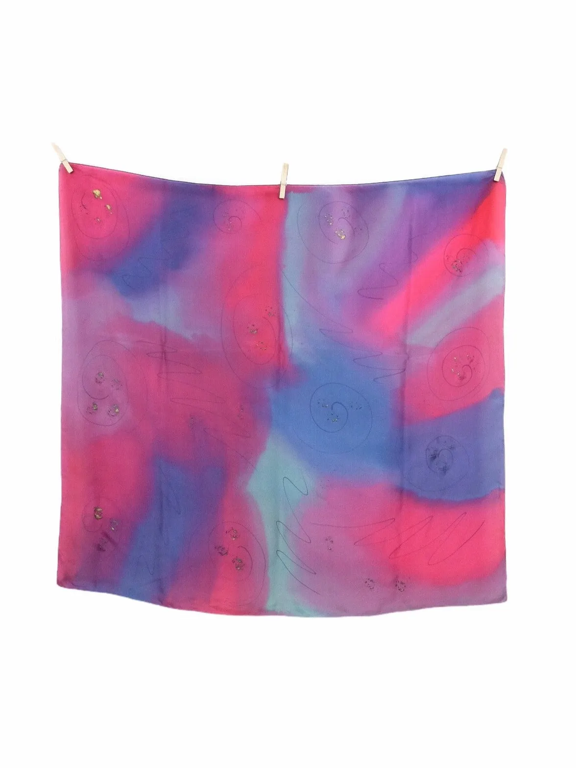 Vintage 70s Silk Tie Dye Acid Wash Pink Purple & Blue Abstract Swirls Square Bandana Neck Tie Scarf with Metallic Paint Detail