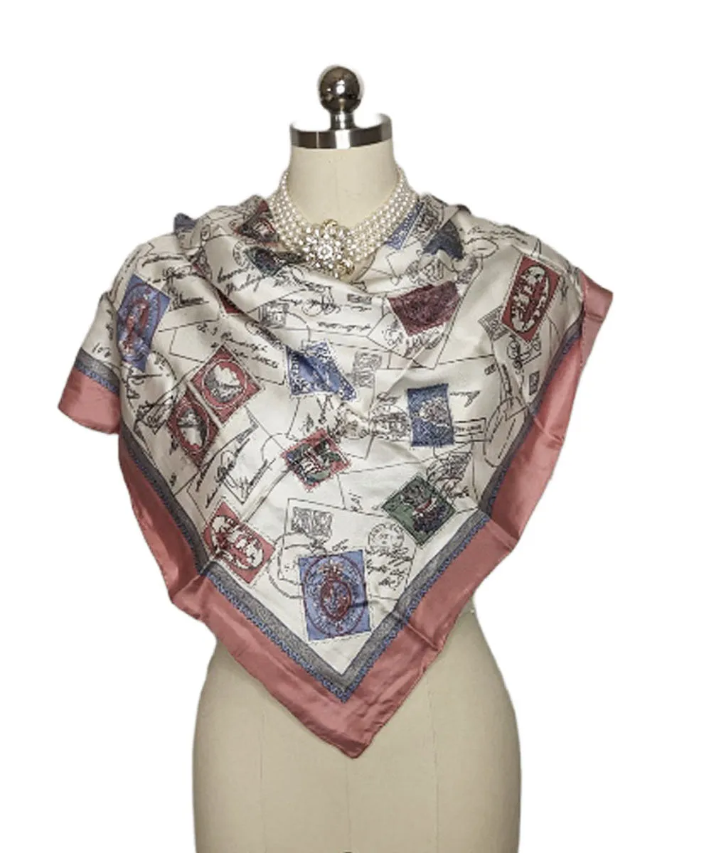 VINTAGE GINNIE JOHANSEN CANCELED POSTAGE LETTERS AND STAMPS LARGE SILK SCARF WRAP TOP