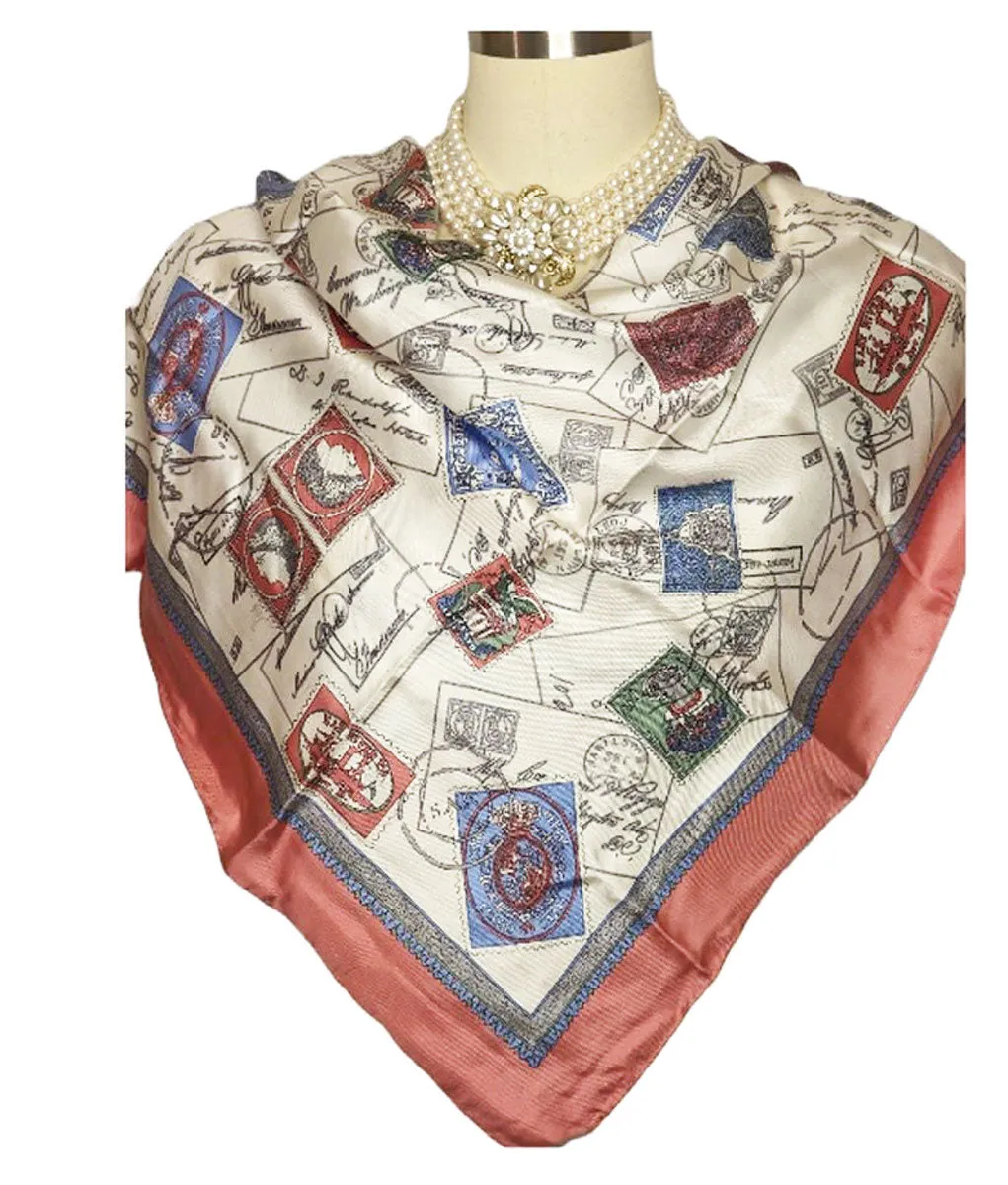 VINTAGE GINNIE JOHANSEN CANCELED POSTAGE LETTERS AND STAMPS LARGE SILK SCARF WRAP TOP