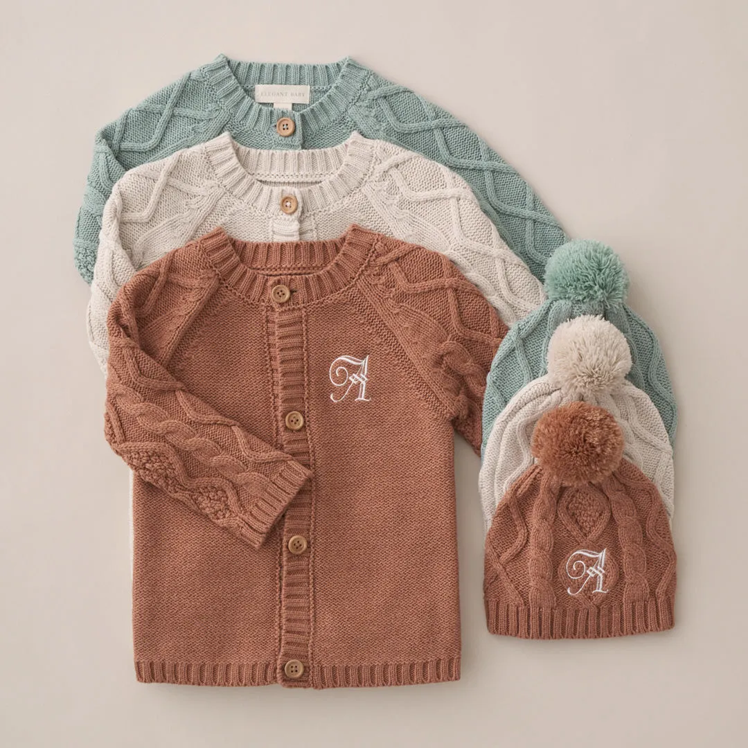 Wheat Chunky Diamond Cable Cardigan & Hat Set