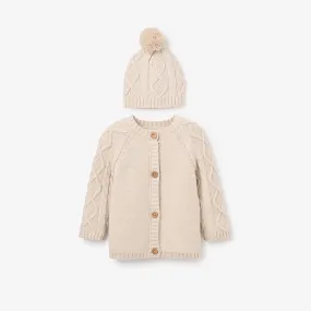 Wheat Chunky Diamond Cable Cardigan & Hat Set