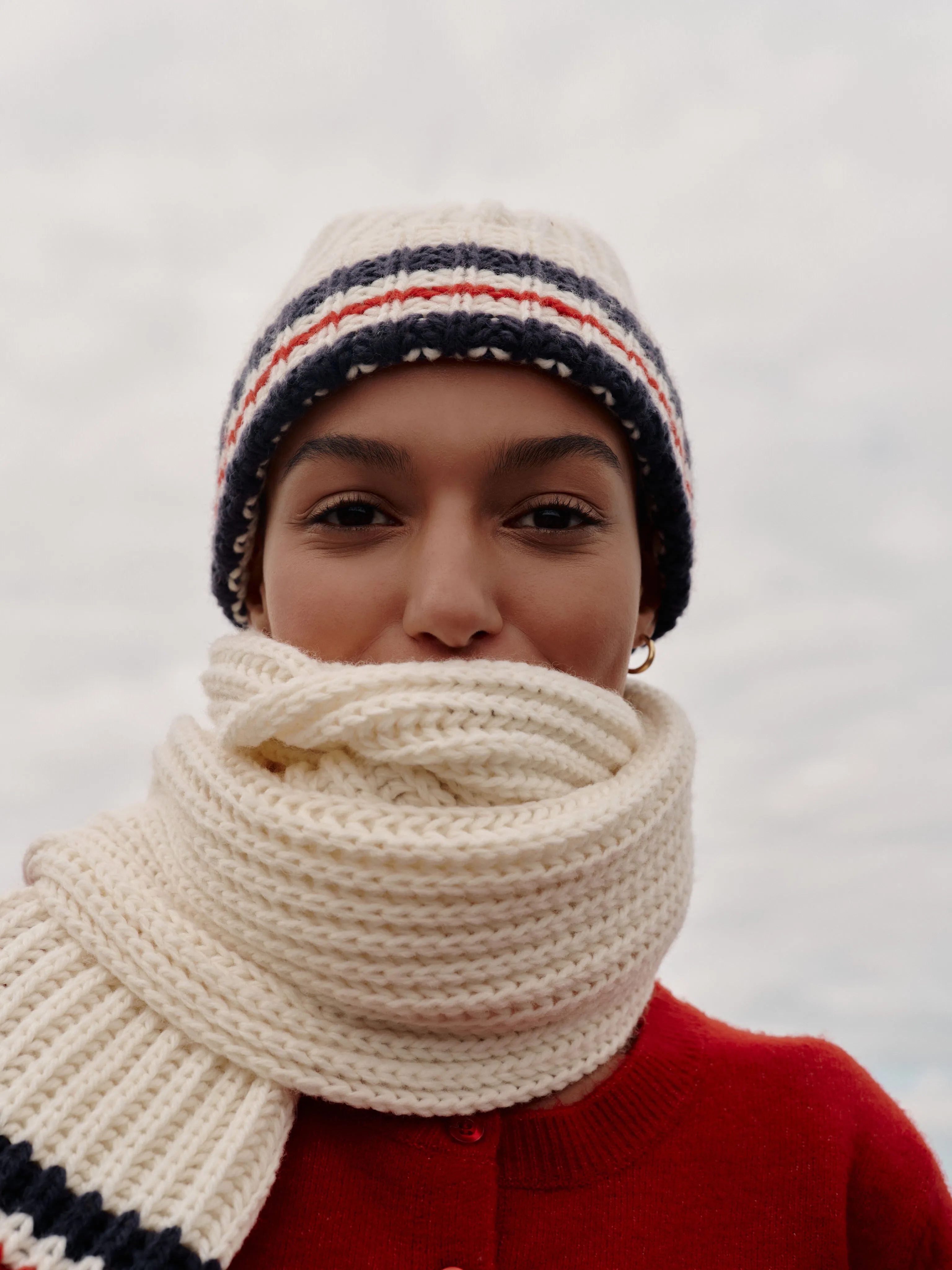 White Stripe Chunky Knit Hat and Scarf Set