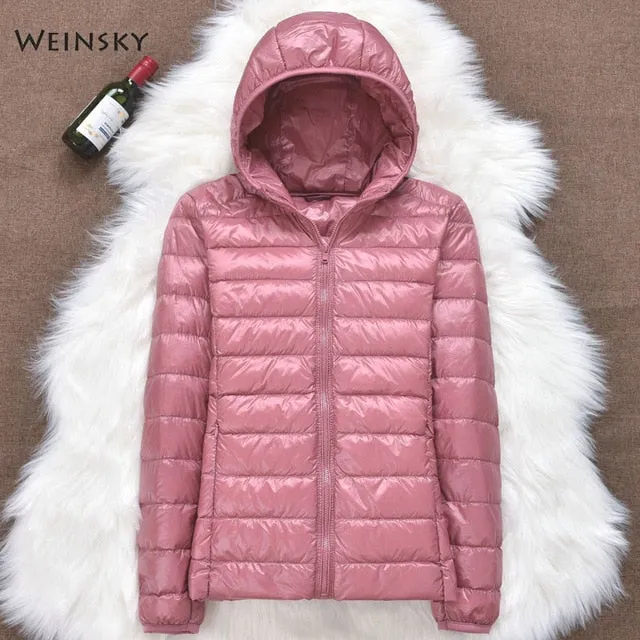 Winter Women Ultralight Thin Down Jacket White Duck Down Hooded Jackets Long Sleeve Warm Parka Portable Outwear