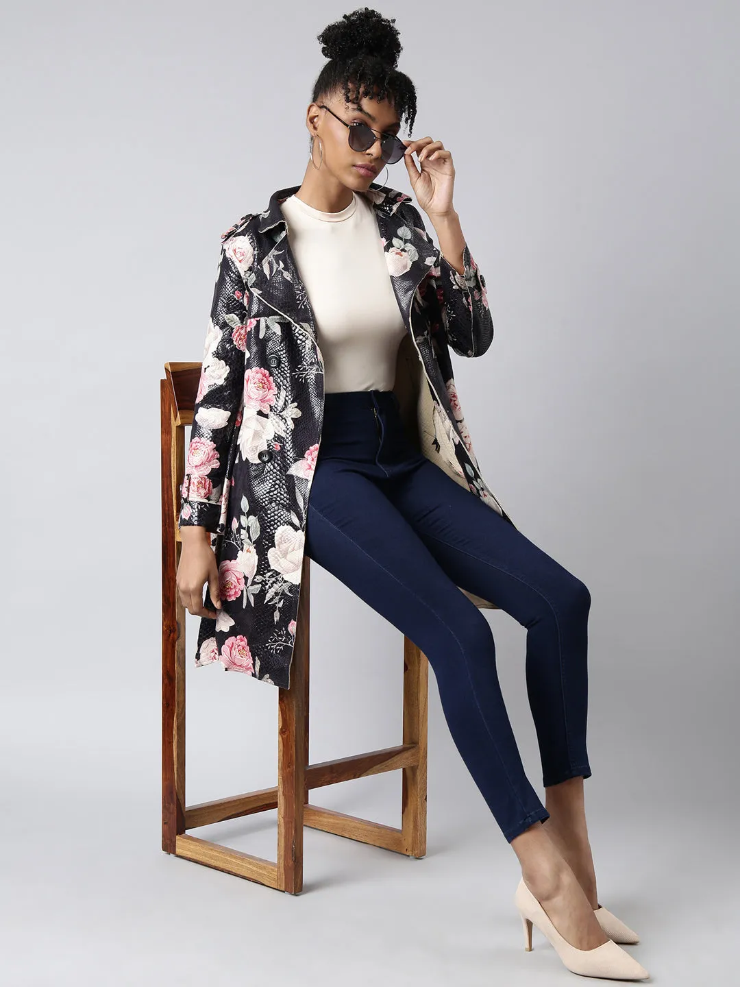 Women Floral Longline Black Trench Coat