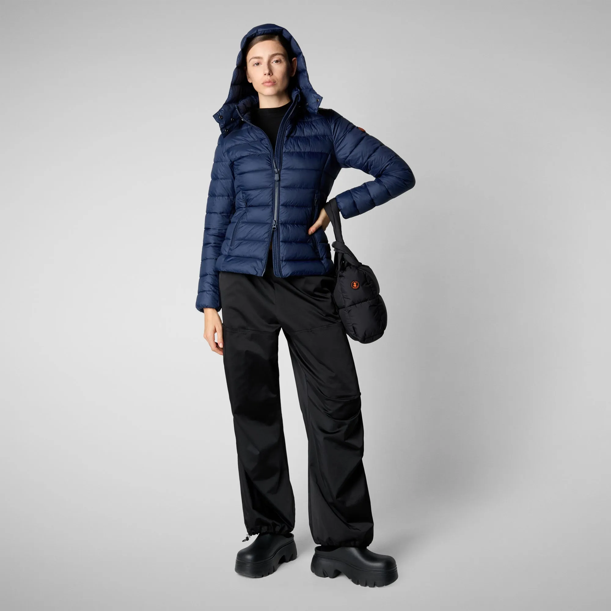 Women's Animal free Puffer Jacket Amelie  with Detachable Hood in Navy Blue