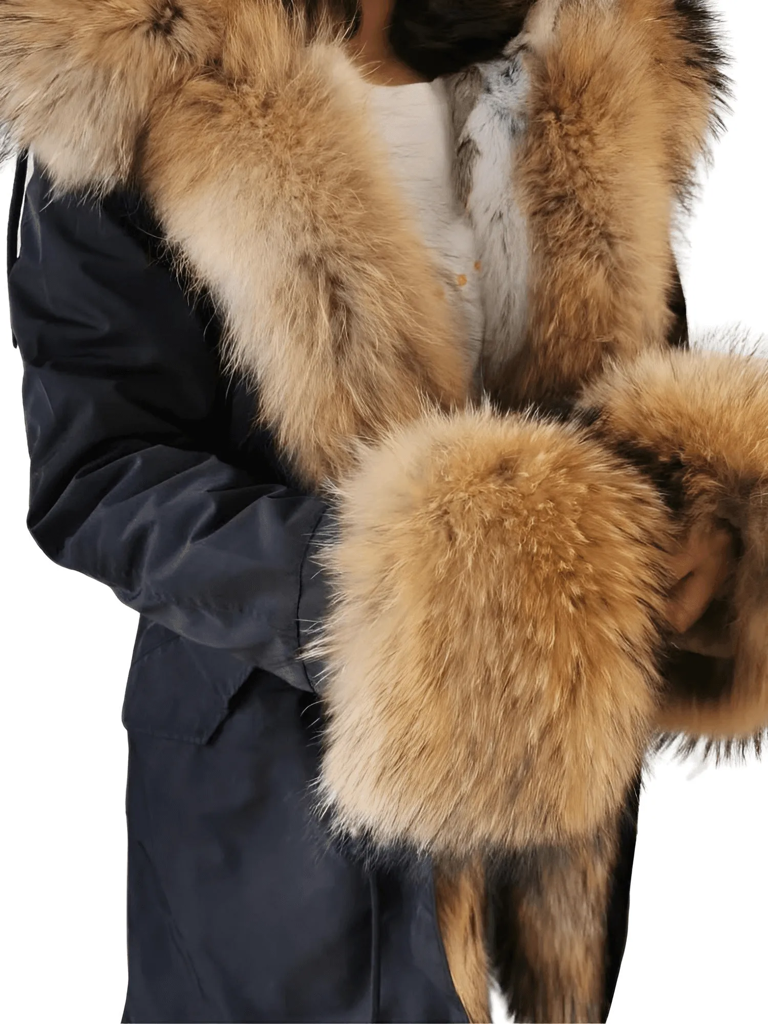 Women's Long Rabbit Fur Parka Real Fur Lining & Real Fox Fur Collar