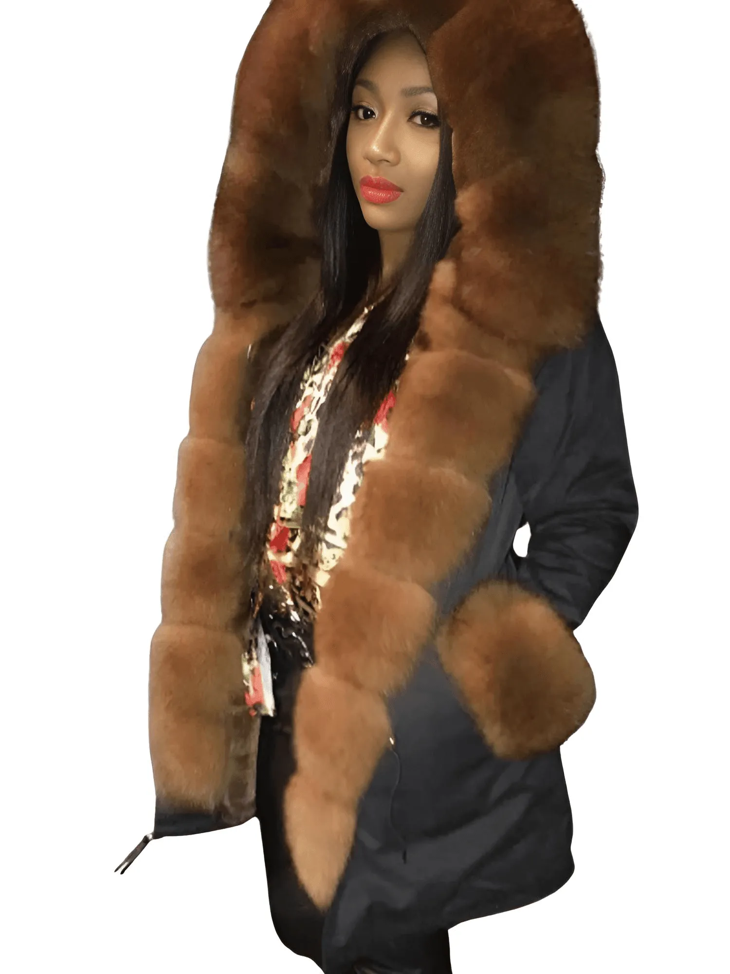 Women's Long Rabbit Fur Parka Real Fur Lining & Real Fox Fur Collar