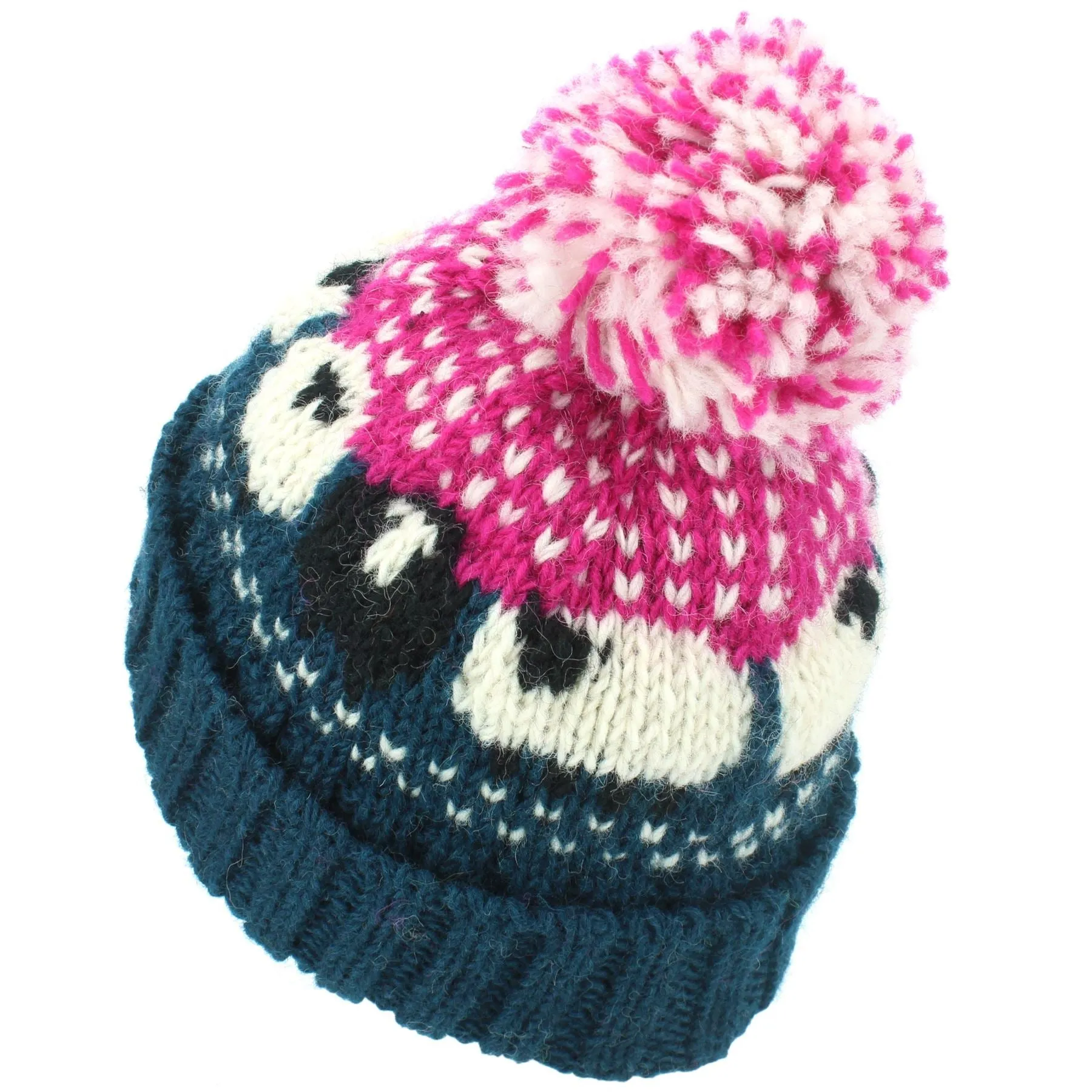 Wool Knit Bobble Beanie Hat - Sheep - Teal Pink