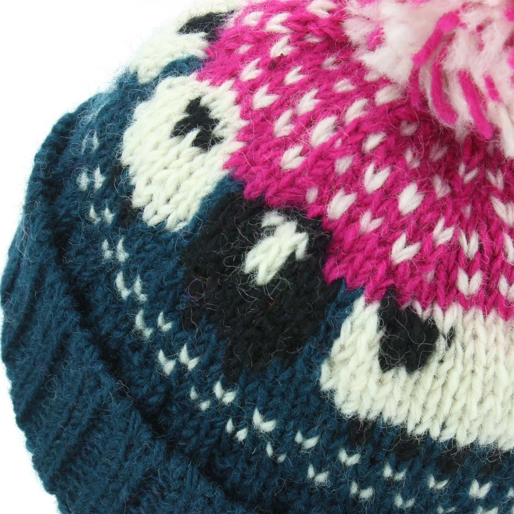 Wool Knit Bobble Beanie Hat - Sheep - Teal Pink